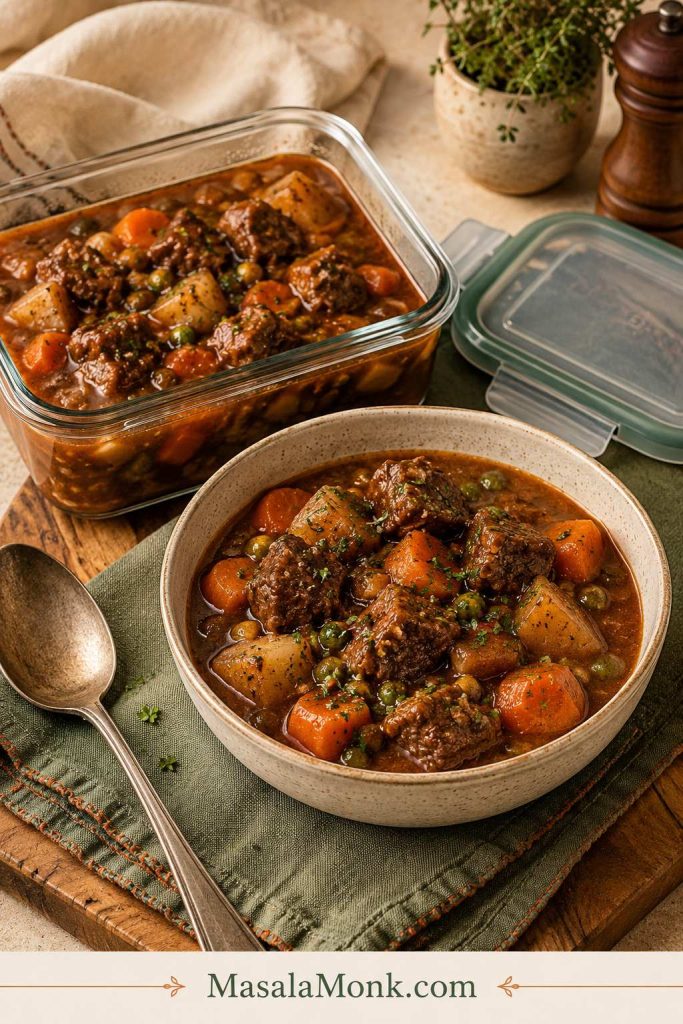 Beef stew in a glass storage container with a reheated bowl of stew nearby on a kitchen counter.
