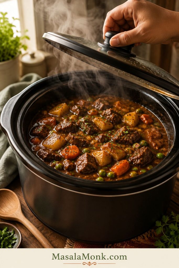 A hand lifting the lid of a slow cooker to reveal steaming beef stew with beef, potatoes, carrots, peas, and glossy gravy.