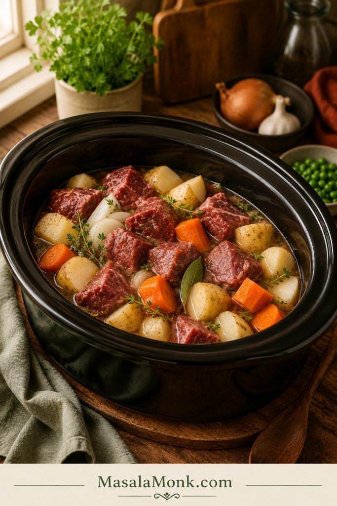A slow cooker filled with raw beef, potatoes, carrots, onion, herbs, and broth that sits below the top of the ingredients.
