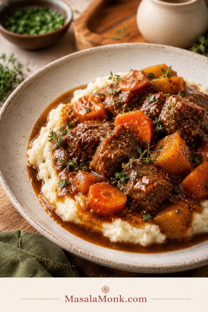 Beef stew with beef, carrots, potatoes, and brown gravy served over creamy mashed potatoes.