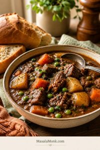 A bowl of beef stew with beef chunks, potatoes, carrots, peas, thick brown gravy, bread, and a spoon.