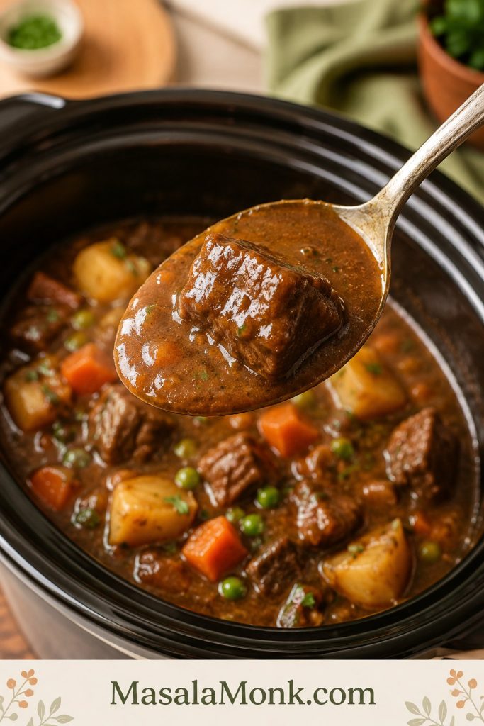 A spoon lifted above a slow cooker with thick brown gravy and a beef chunk coating the spoon.