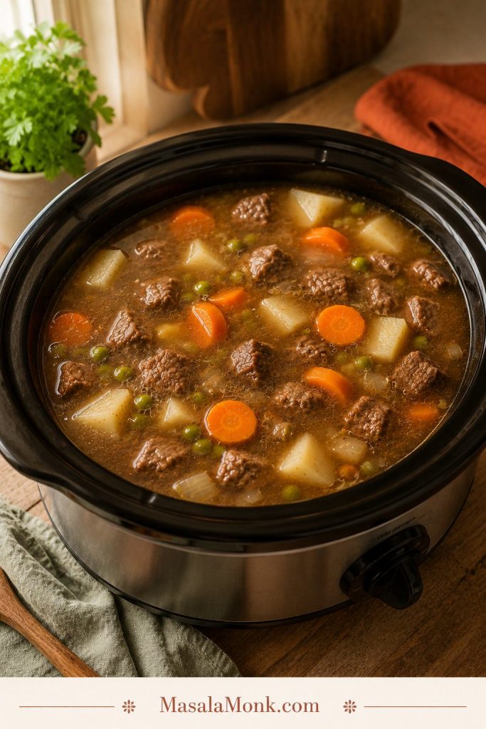 Beef, potatoes, and carrots floating in too much broth inside a slow cooker before cooking.