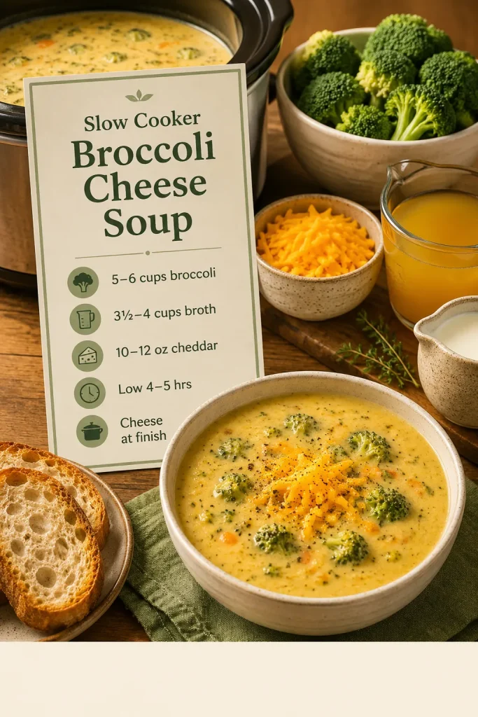 Recipe ratio card for slow cooker broccoli cheese soup with broccoli, broth, cheddar, cook time, and cheese-at-finish notes.