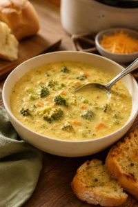Bowl of creamy broccoli cheese soup with broccoli pieces, carrot bits, shredded cheddar, a spoon, and crusty bread on a wooden table.