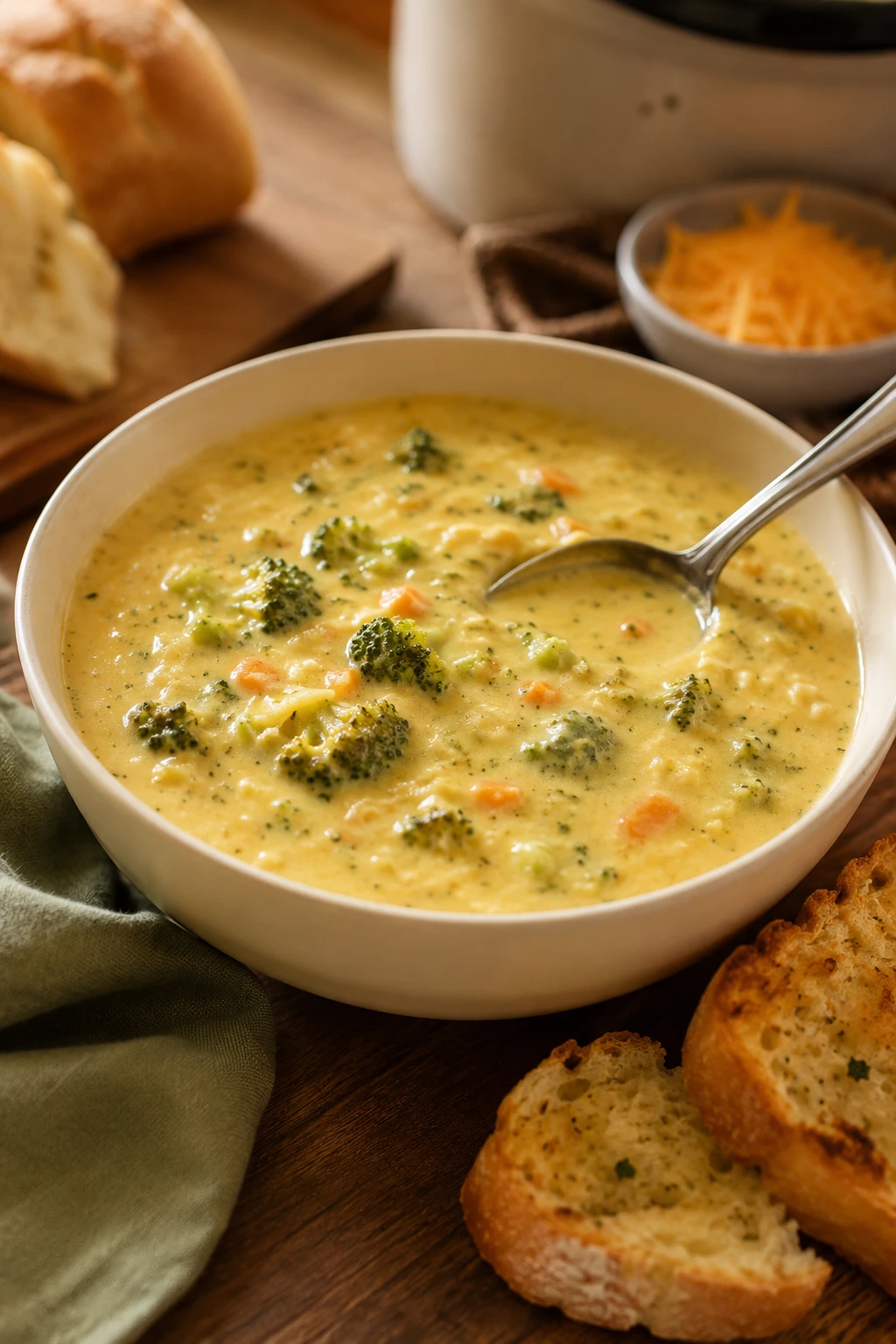 Bowl of creamy broccoli cheese soup with broccoli pieces, carrot bits, shredded cheddar, a spoon, and crusty bread on a wooden table.