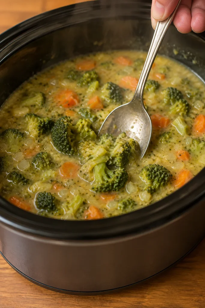 Spoon pressing tender cooked broccoli against the side of a slow cooker to show the vegetables are soft.