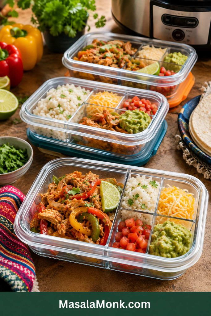 Meal prep containers filled with slow cooker chicken fajitas, rice, peppers, lime wedges, shredded cheese, pico de gallo, guacamole, and separate toppings.