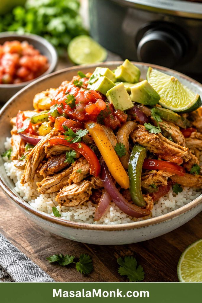 Slow cooker chicken fajita rice bowl with seasoned chicken, bell peppers, white rice, avocado, lime, salsa, cilantro, and a slow cooker in the background.