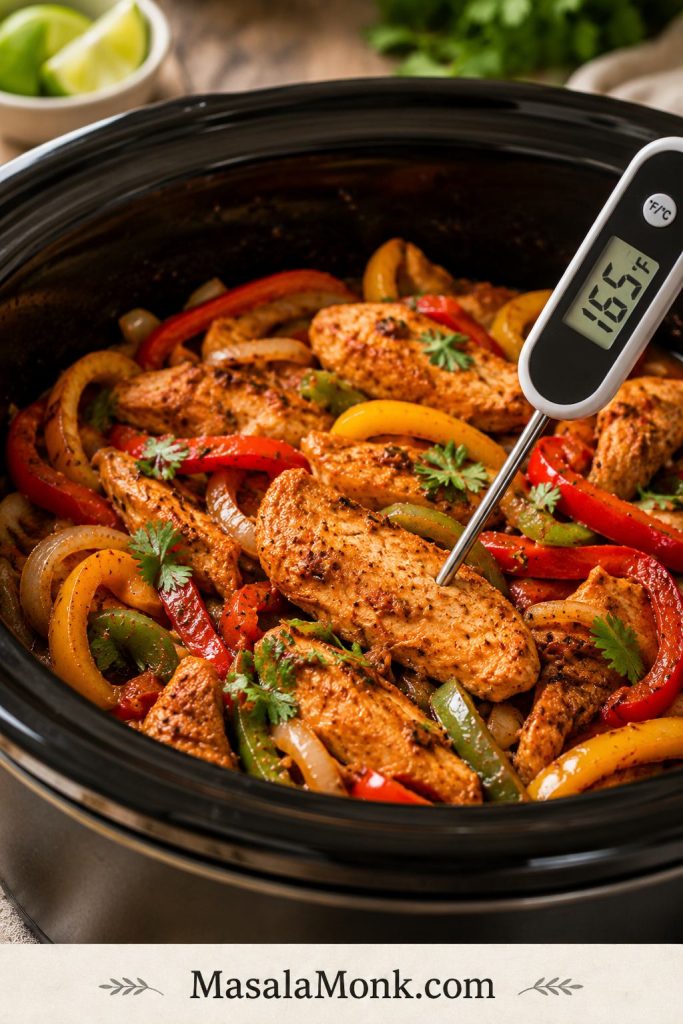 Instant-read thermometer inserted into cooked chicken fajitas in a slow cooker with bell peppers and onions around the chicken.