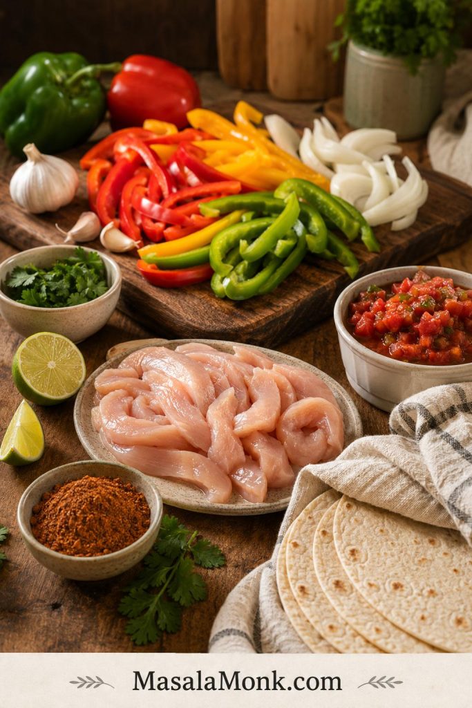Ingredients for slow cooker chicken fajitas arranged on a prep surface, including chicken, bell peppers, onion, salsa, fajita seasoning, garlic, lime, tortillas, and cilantro.