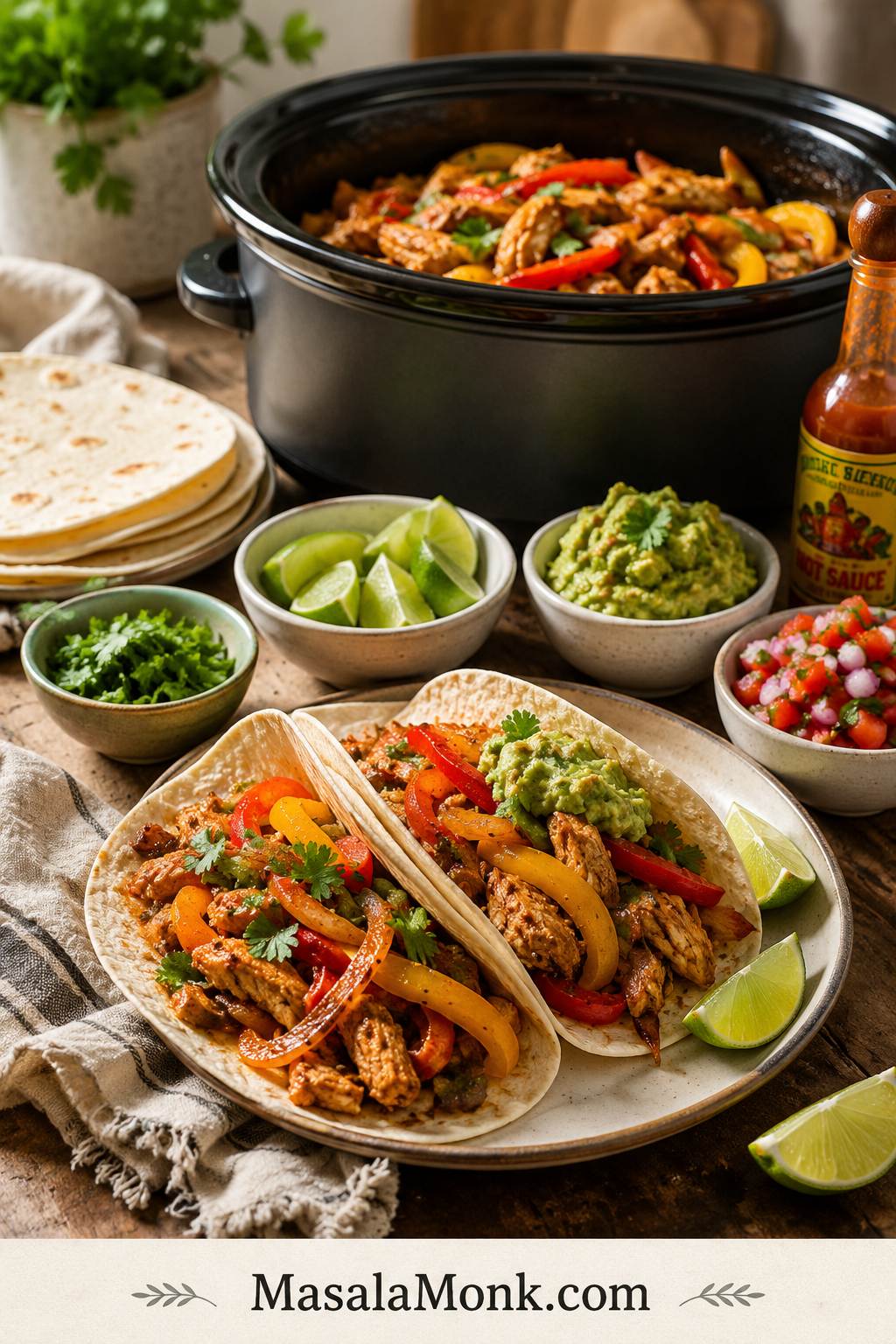 Slow cooker chicken fajitas served with shredded chicken, colorful bell peppers, onions, warm tortillas, lime wedges, salsa, avocado, cilantro, and hot sauce on a dinner table.