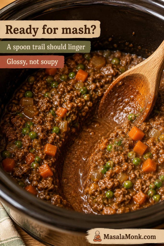 Close-up of a spoon trail through glossy beef mince filling in a slow cooker with peas, carrots, and onion visible.