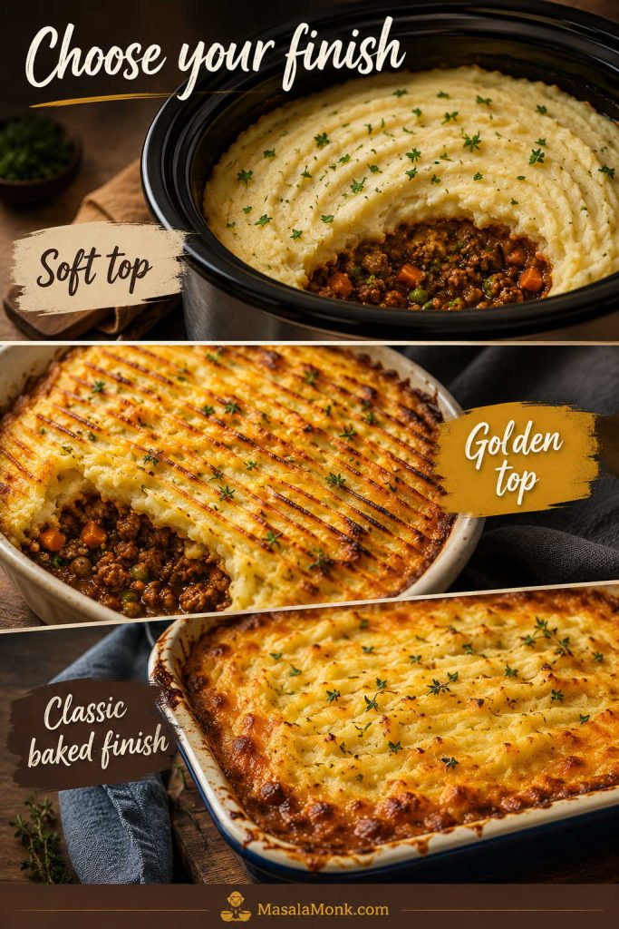 Three cottage pie finish options showing soft slow-cooker mash, golden browned mash, and a classic baked finish.