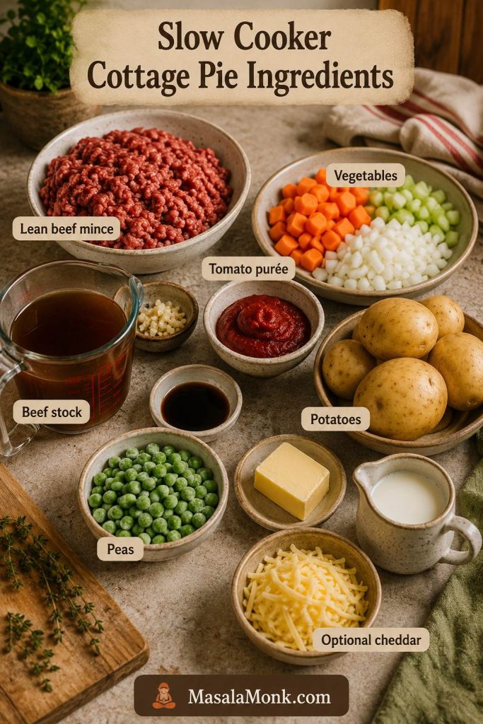 Ingredient board with beef mince, vegetables, tomato purée, beef stock, potatoes, peas, butter, milk, and cheddar for cottage pie.
