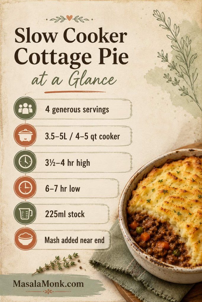 Saveable recipe card for slow cooker cottage pie with a photo, serving count, beef mince amount, stock amount, timing, mash timing, and resting note.