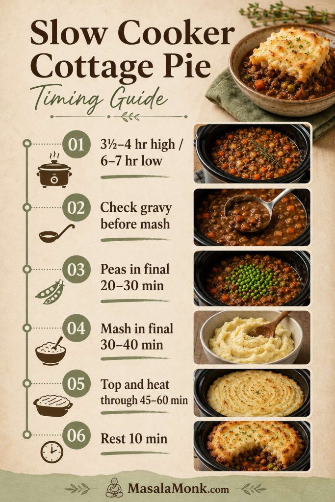 Timeline infographic showing slow cooker cottage pie filling time, gravy check, peas, mash timing, topping heat-through, and resting time.