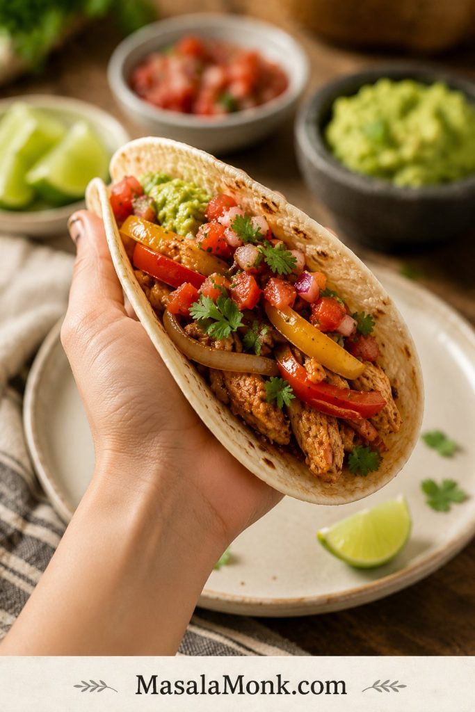 Hand holding a warm tortilla filled with slow cooker chicken fajitas, bell peppers, onions, salsa, avocado, and lime nearby.