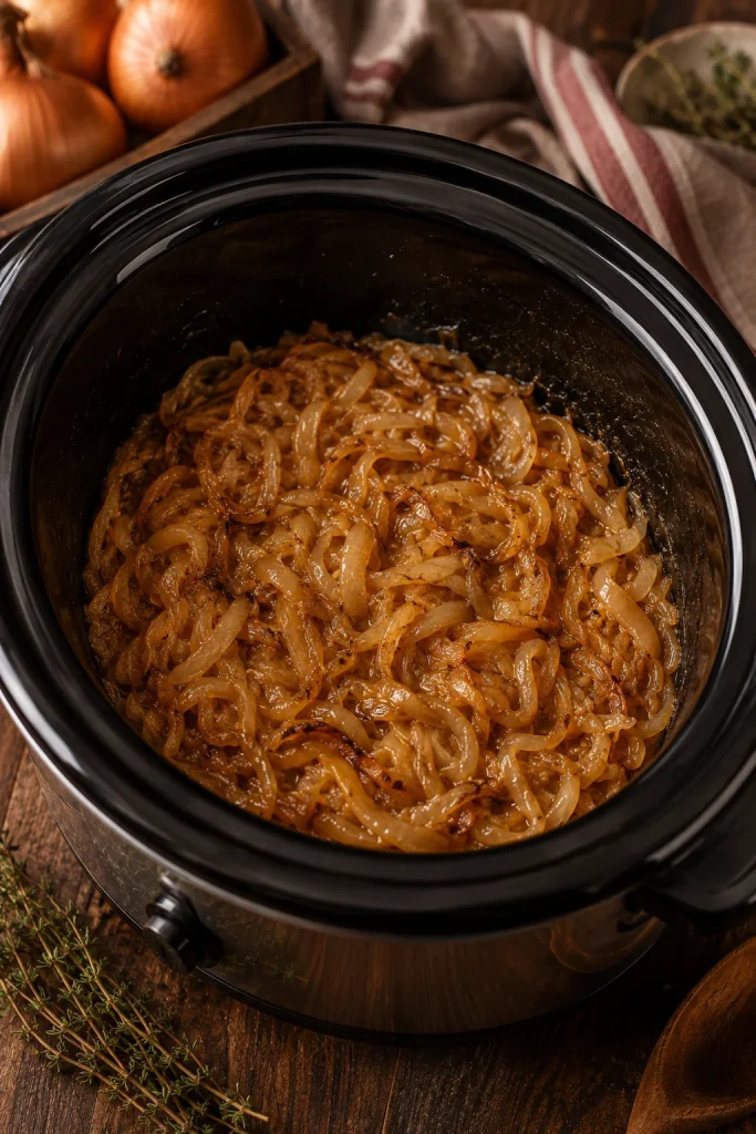 Soft onions cooked down in a slow cooker for French onion soup.