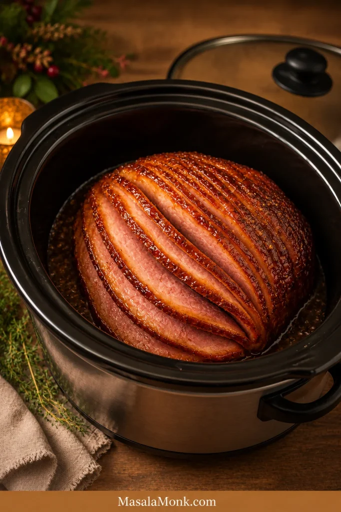 Honey glazed spiral ham sitting inside a slow cooker with glossy brown sugar honey mustard glaze.