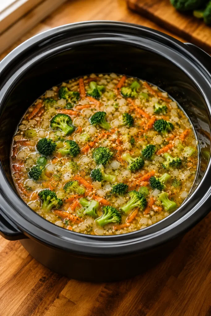Dark slow cooker filled with raw broccoli, carrot, onion, celery, garlic, seasonings, and golden broth before cooking.