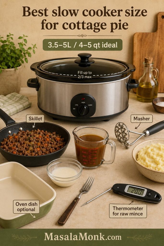 Equipment guide showing an oval slow cooker, skillet, saucepan, masher, oven dish, measuring jug, bowl, fork, and thermometer.