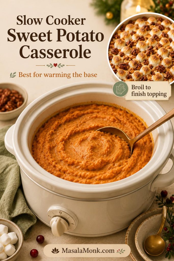 Slow cooker filled with creamy sweet potato casserole base and a small broiled topping inset with marshmallows and pecans