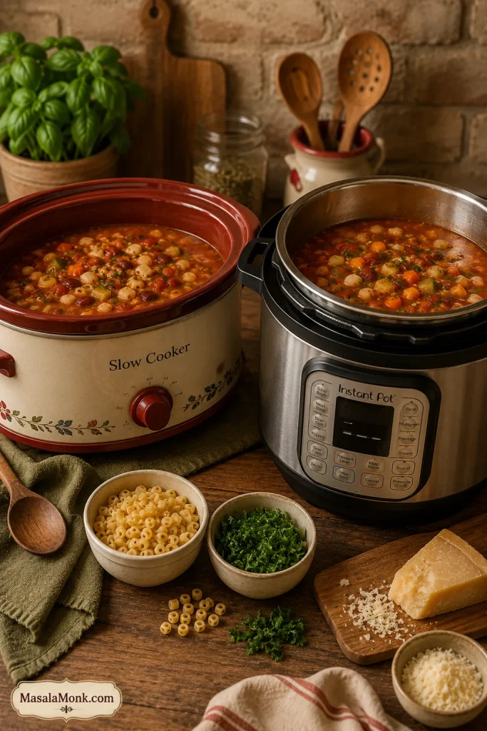 Slow cooker and Instant Pot filled with minestrone soup, with small bowls of pasta and greens nearby for adding near the end.