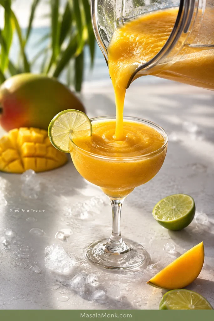 Thick golden mango daiquiri pouring slowly from a blender jar into a chilled stemmed glass with lime, mango, and ice nearby.