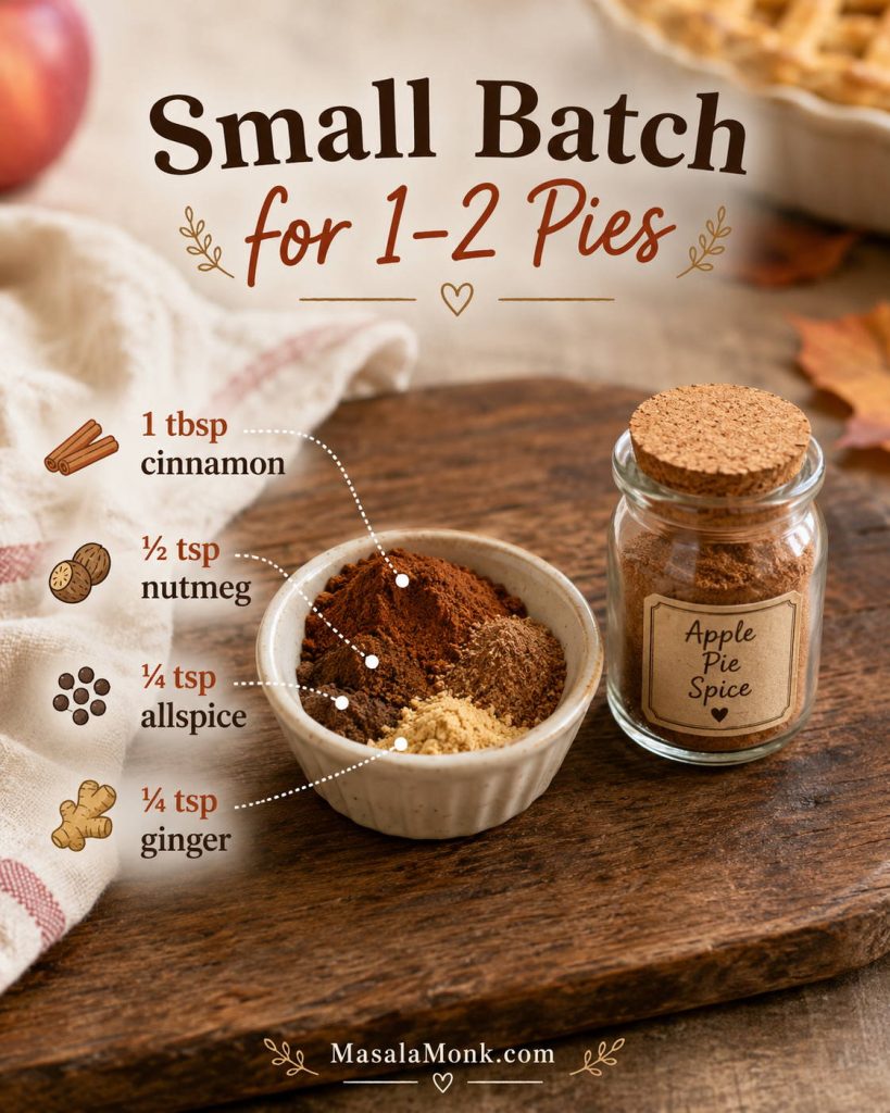 Small batch apple pie spice guide showing 1 tablespoon cinnamon, ½ teaspoon nutmeg, ¼ teaspoon allspice, and ¼ teaspoon ginger measured into a bowl.