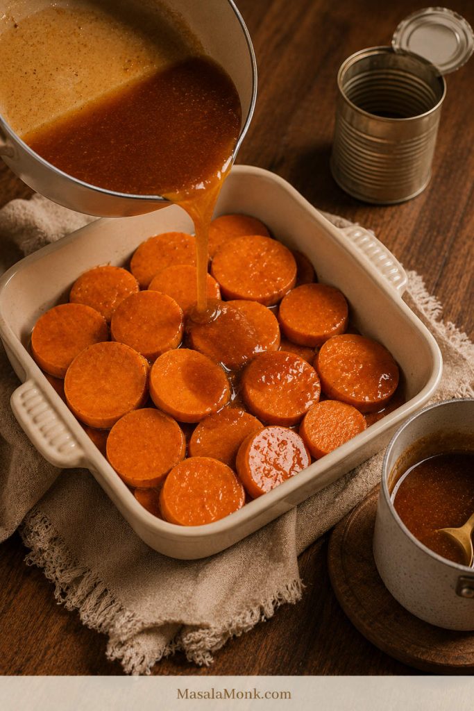 Small cream baking dish filled with canned yams as brown sugar sauce is poured over them.