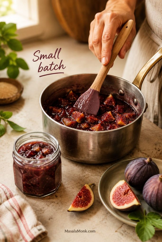 Small saucepan of chopped figs cooking into jam beside a small finished jar.