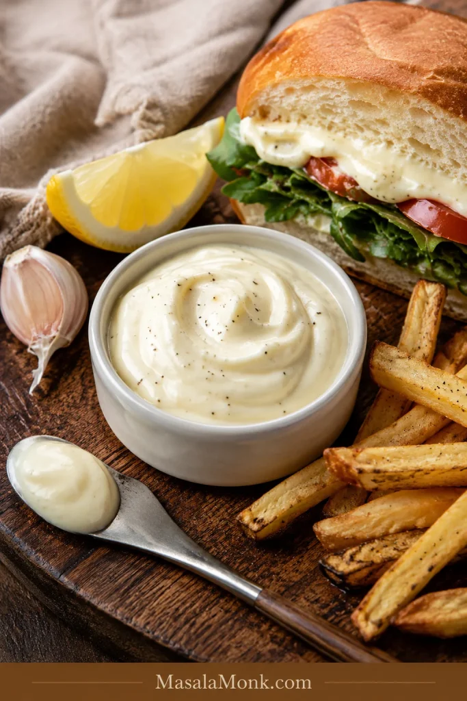 Small bowl of garlic aioli served with a sandwich half, fries, lemon wedge, garlic clove, and spoon on a wooden board.