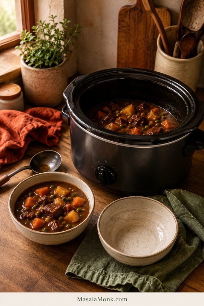 A compact slow cooker with a modest amount of beef stew and two small bowls nearby, one filled and one empty.