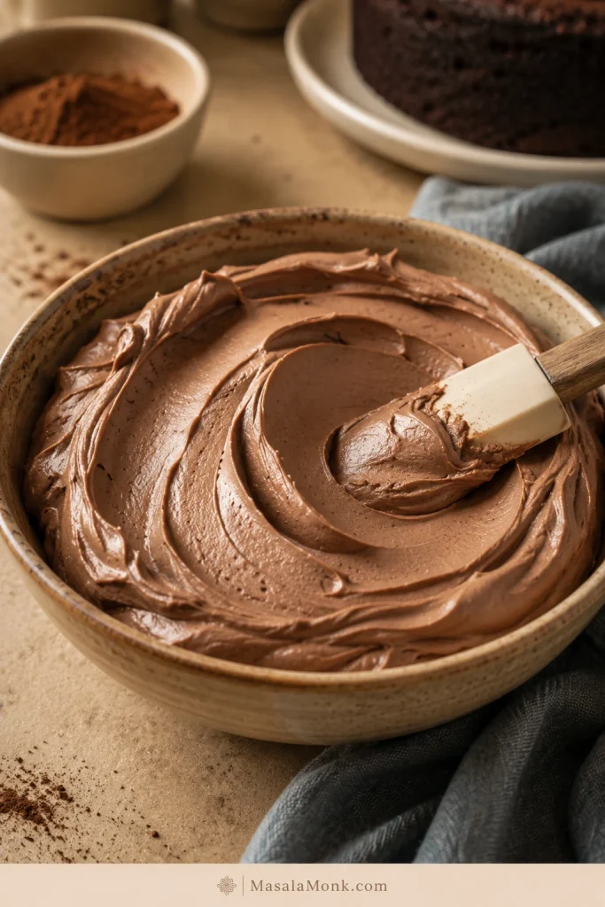 Smooth chocolate cream cheese frosting in a bowl with a spatula creating soft ridges.
