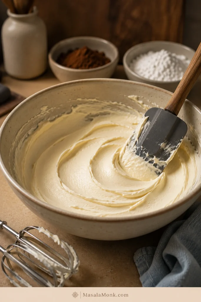 Smooth pale cream cheese and butter mixture in a bowl before cocoa powder and powdered sugar are added.