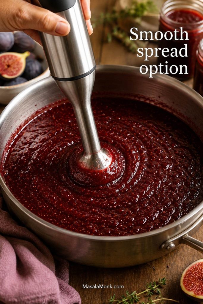 Immersion blender smoothing fig jam in a pan into a glossy fig spread.