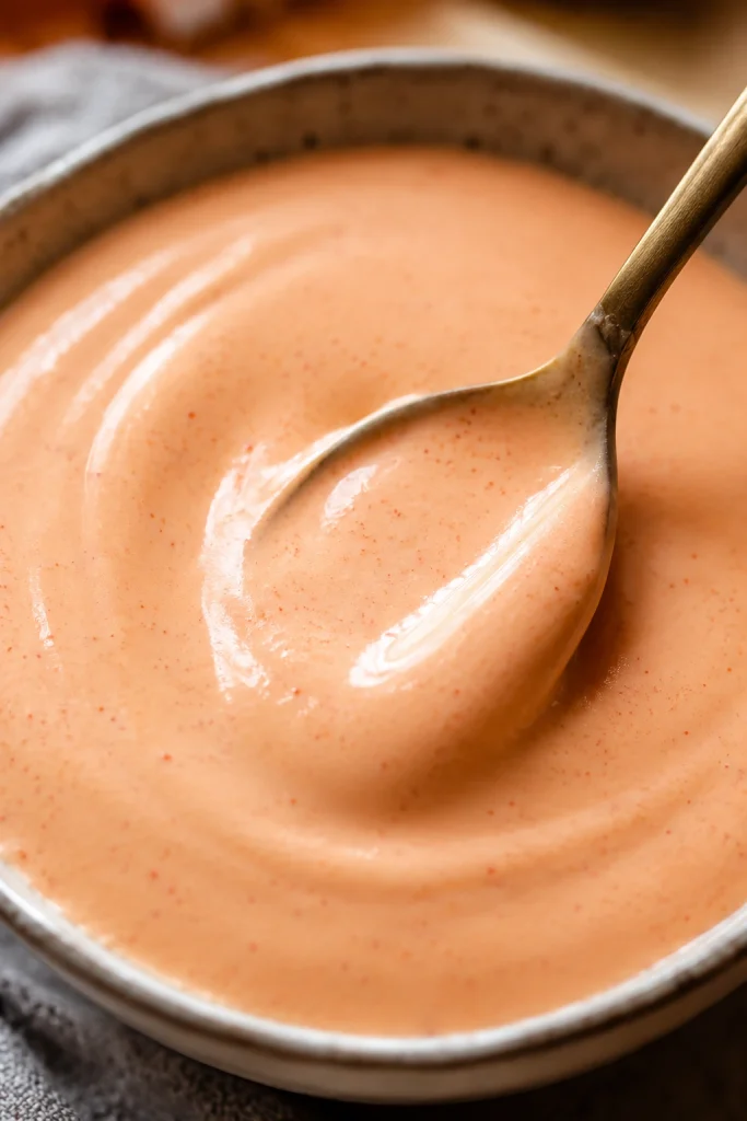 A close-up of smooth pale pink-orange yum yum sauce in a bowl, with a spoon dragging through the glossy surface.