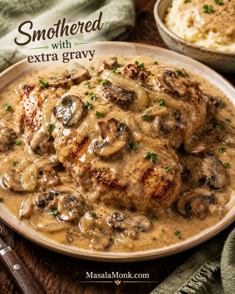Smothered cream of mushroom pork chops with extra mushroom gravy, onions, sliced mushrooms, parsley, and mashed potatoes in the background.