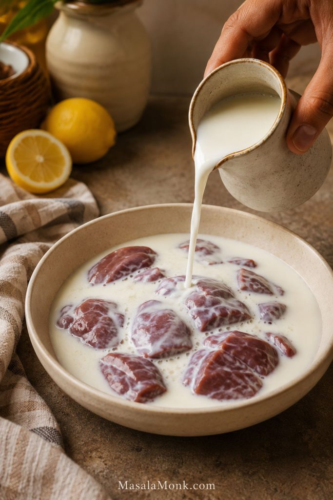 Milk being poured over chicken liver pieces in a shallow bowl with lemon and kitchen cloth nearby.