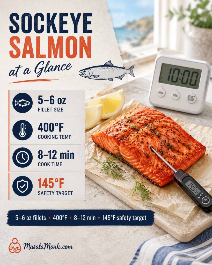 Sockeye salmon timing guide showing 5 to 6 ounce fillets, 400°F, 8 to 12 minutes, and a 145°F safety target.
