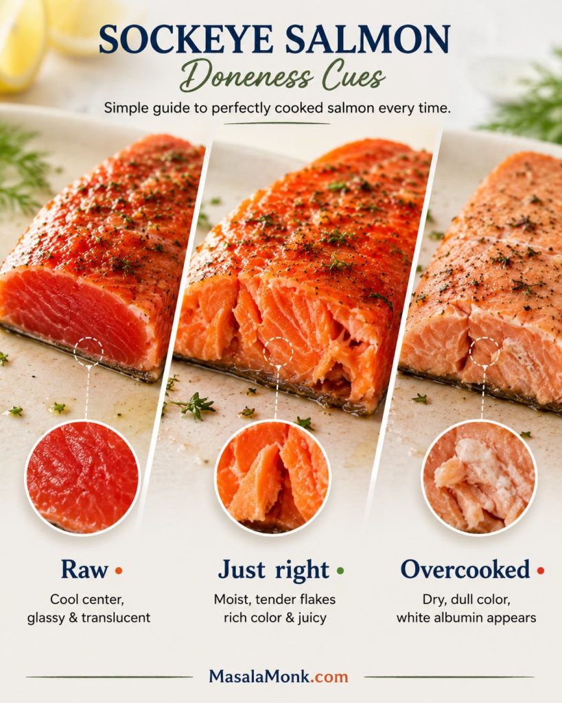 Sockeye salmon doneness comparison showing raw, just-right, and overcooked flakes.