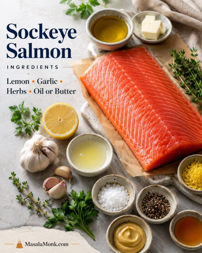 Ingredients for sockeye salmon with raw fillets, lemon, garlic, herbs, oil or butter, salt, pepper, Dijon, and maple.