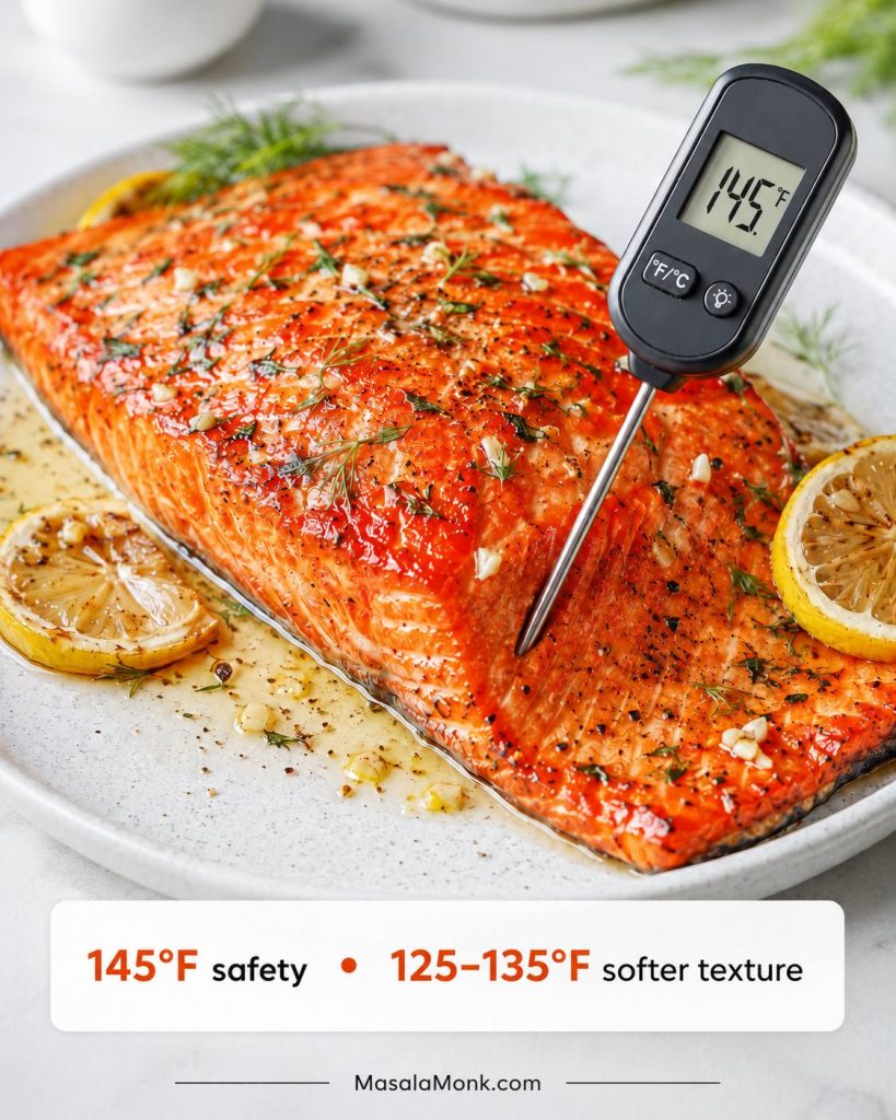 Probe thermometer reading 145°F in a baked sockeye salmon fillet with text noting softer texture at 125 to 135°F.