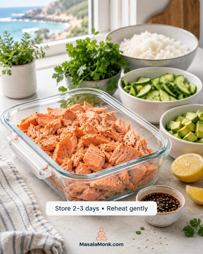 Flaked leftover sockeye salmon in a glass container with rice, cucumber, avocado, lemon, herbs, and sauce.