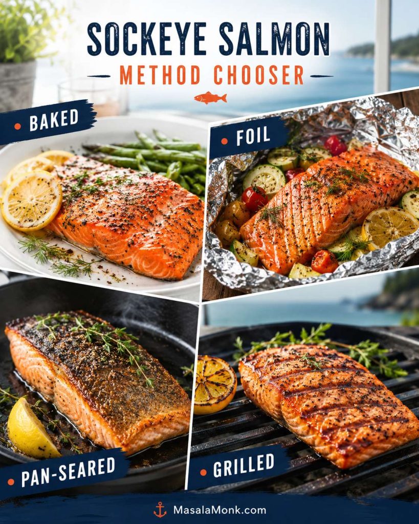 Method chooser showing baked, foil, pan-seared, and grilled sockeye salmon options.