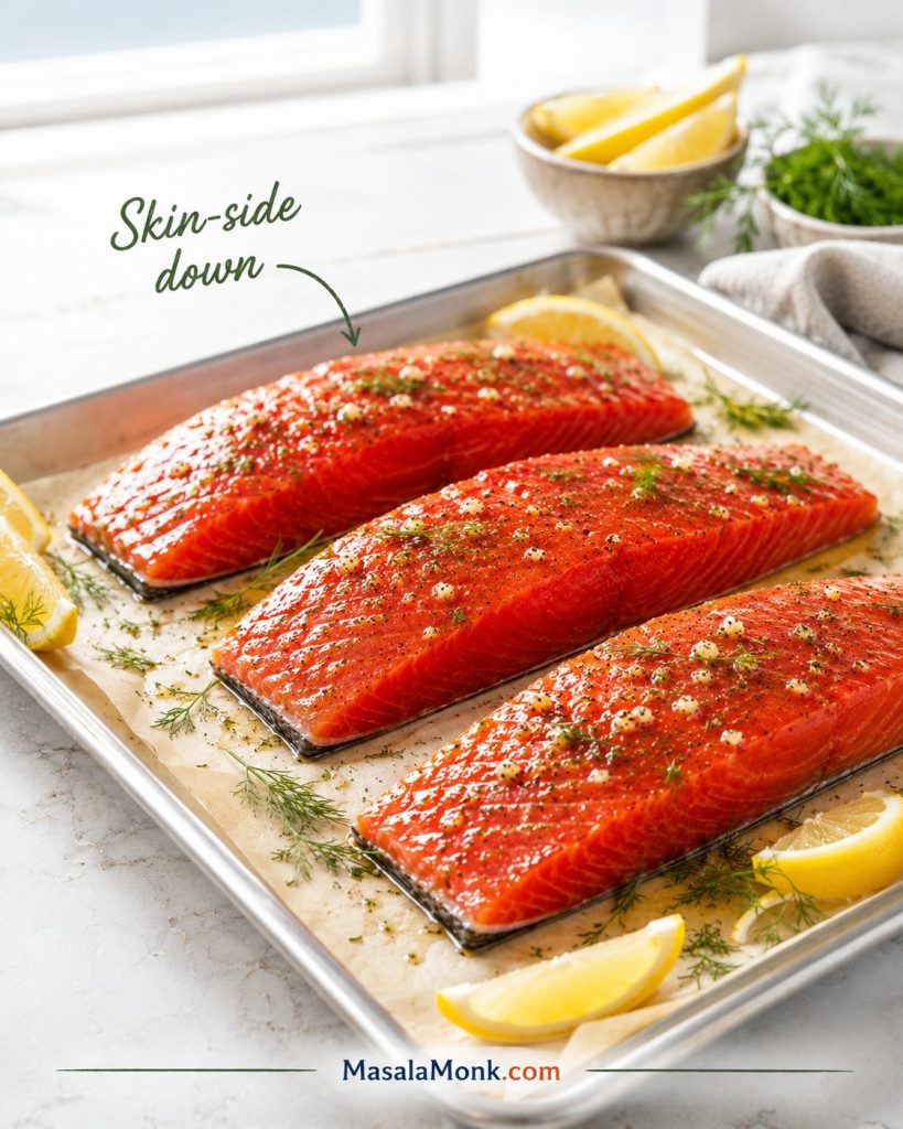 Skin-on sockeye salmon fillets arranged skin-side down on a lined baking sheet with lemon and herbs.