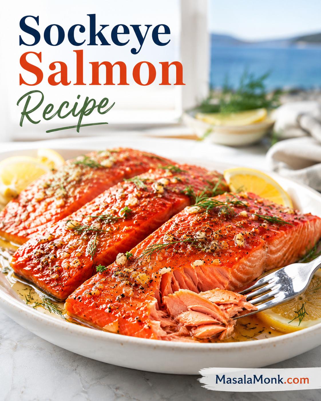 Baked sockeye salmon fillets with lemon wedges, herbs, and a fork lifting a moist flake.