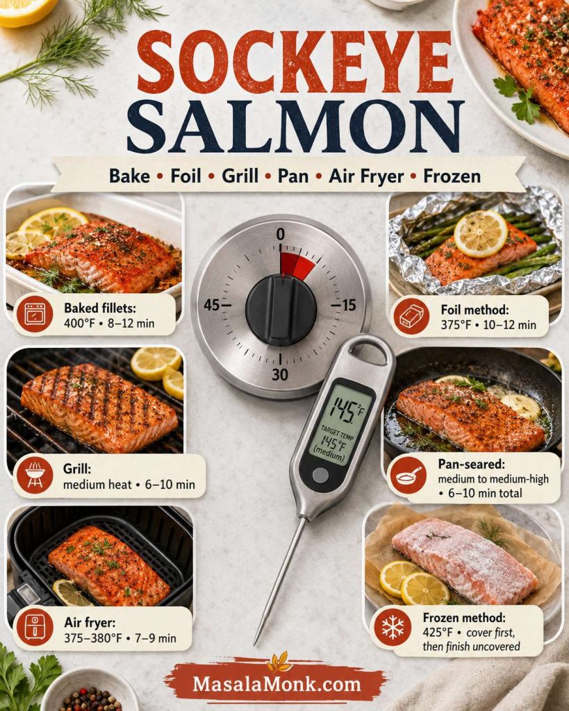 Time and temperature chart for baked, foil, grilled, pan-seared, air fryer, and frozen sockeye salmon.
