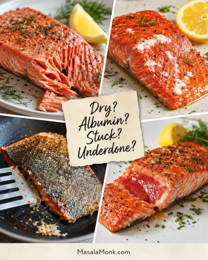 Troubleshooting board showing dry sockeye flakes, white albumin, stuck skin in a pan, and an underdone center.